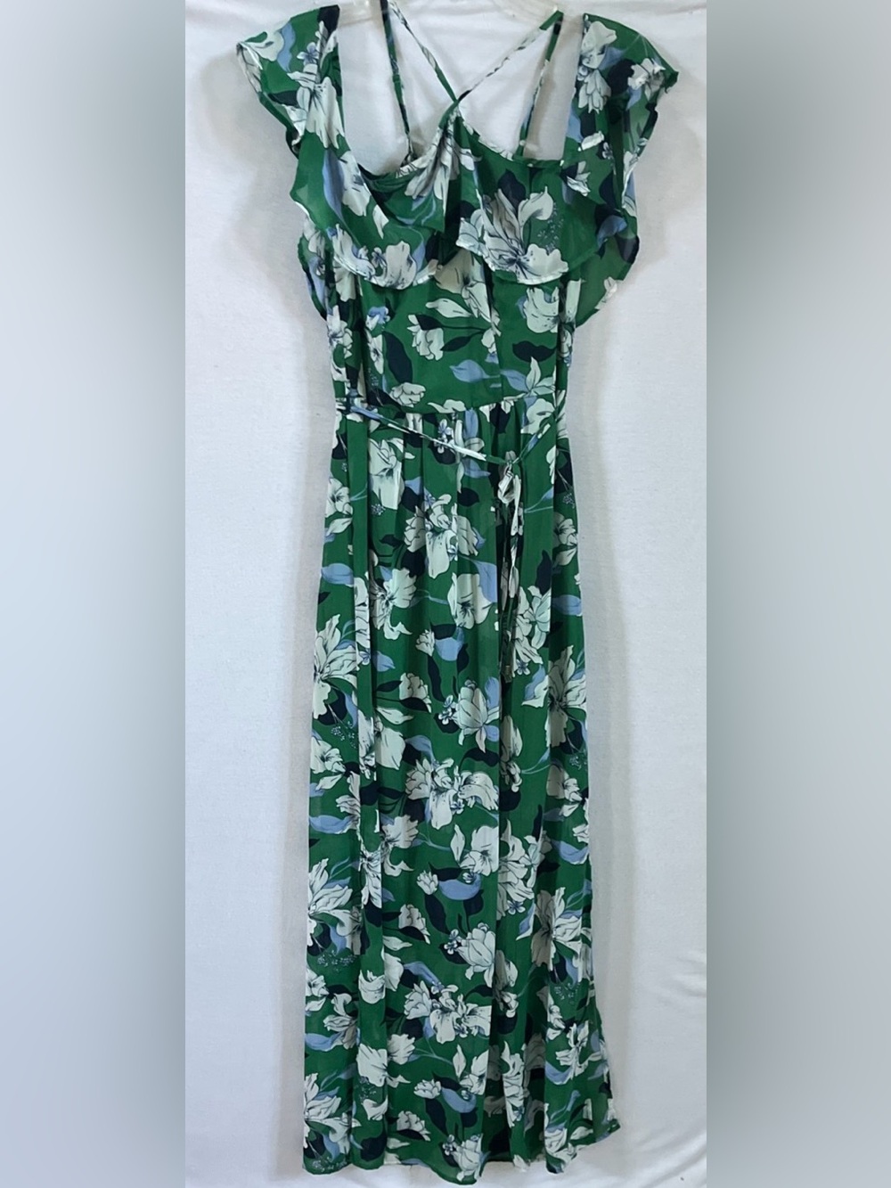 Japna Green FloralWomen’s Medium Cold Shoulder Maxi Dress Ruffle Tropical Boho